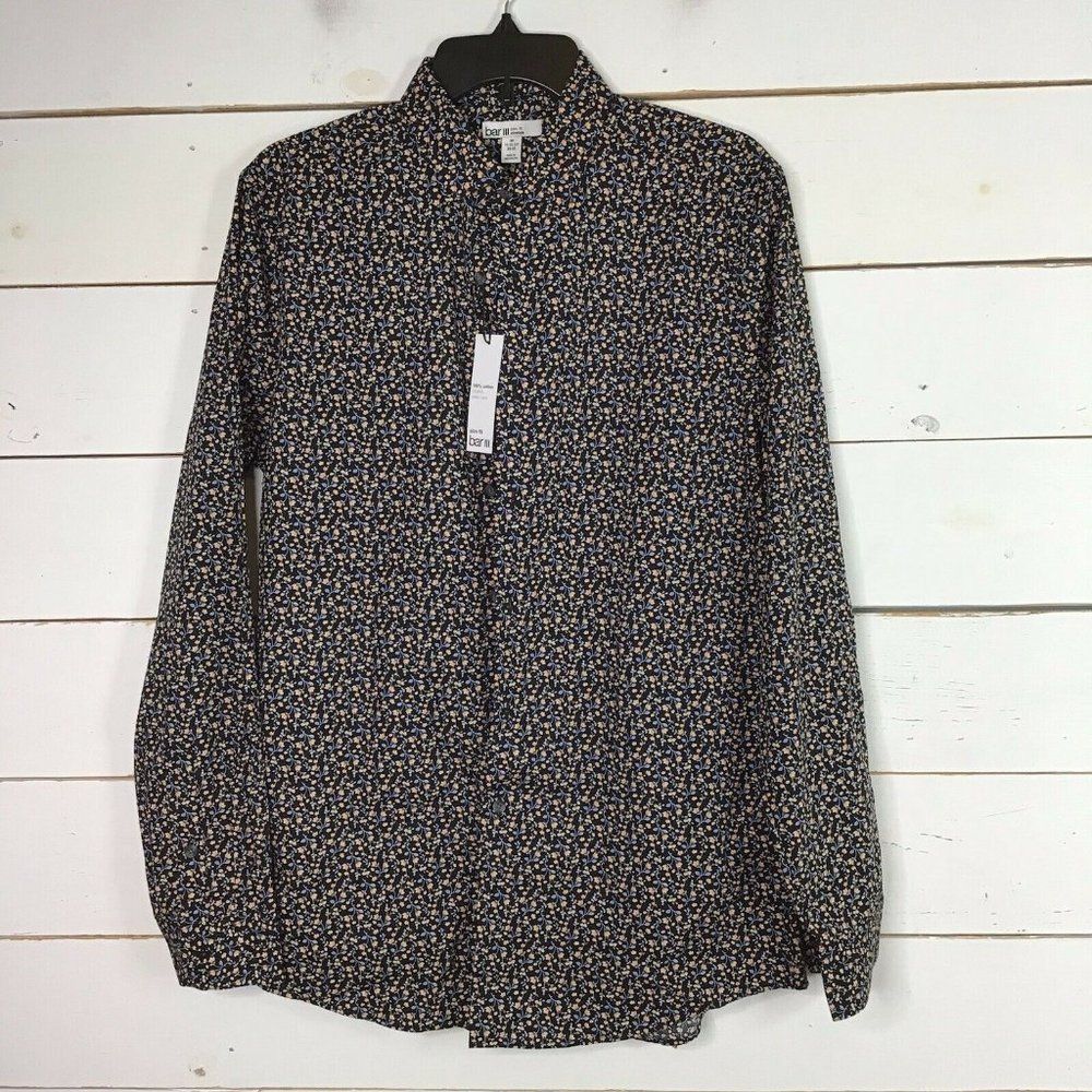 New Bar Iii Dress Shirt Slim Black Orange Floral M